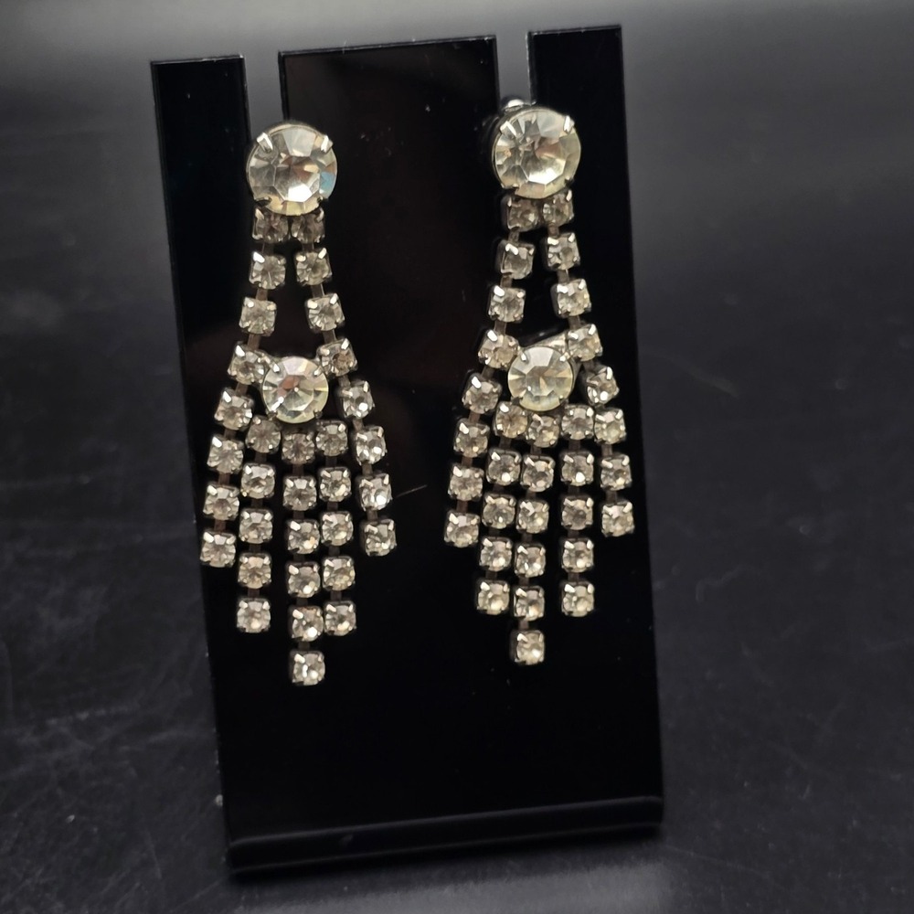 Clear Rhinestone Dangling Earrings Chandelier Vintage Glam Jewelry Pierced Post